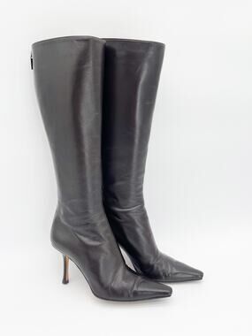 Jimmy Choo Peony Coffee Brown Leather Pointed Square Toe Knee High Boots IT 37